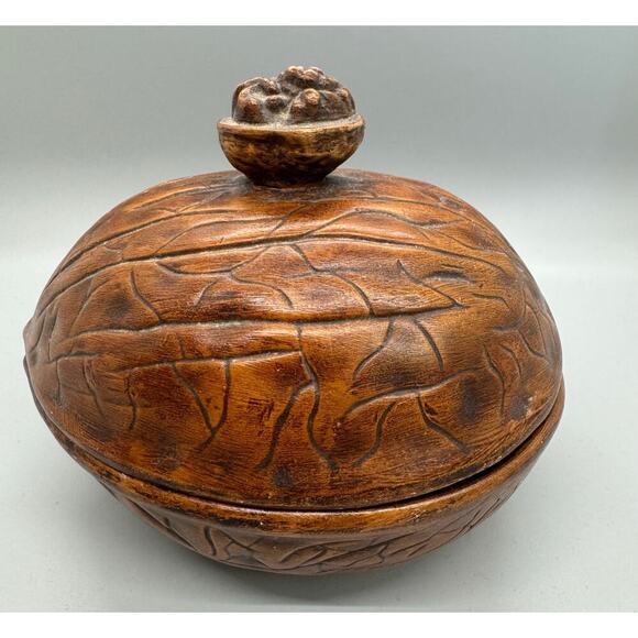 Vintage Signed Walnut Ceramic Dish with Lid Walnut handle On Lid Fred Hall 1970 - Picture 3 of 13